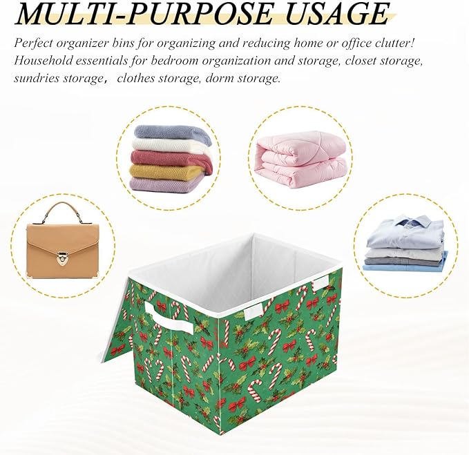 Christmas Candy Canes Holly Bows Storage Bins with Lids Foldable Storage Basket with Handles Collapsible Large Fabric Organizer Containers for Clothes Shelves Closet Office Home