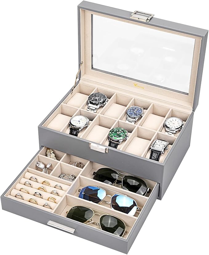 Voova Jewelry Box Watch Boxes Organizer for Men Women, 2 Layer Large 12 Slot PU Leather Watch Storage Case, Glass Top Jewelry Display Holder for Watches Sunglasses Rings Necklaces Bracelets,Grey
