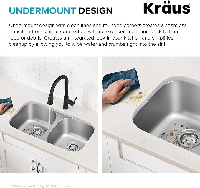 KRAUS Premier 32-inch Undermount 50/50 Double Bowl 18-Gauge Stainless Steel Kitchen Sink with Strainers (x2), KBU22