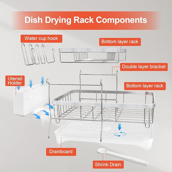 HOMEAILIE Dish Drying Rack for Kitchen Counter, 2-Tier 304 Stainless Steel Dish Rack with Adjustable Drainage Board, Removable Cup Holder, Utensil Holder, White