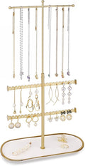 Jenseits Gold Jewelry Organizer Stand with Ceramic Tray – Cute Jewelry Holder for Necklaces, Earrings, Rings & Bracelets, Decorative Jewelry Display for Vanity Dresser, Great Gift for Women & Girls