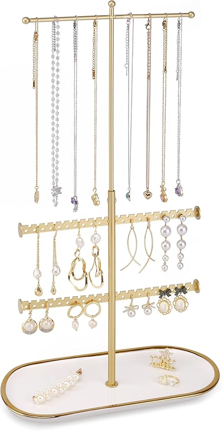 Jenseits Gold Jewelry Organizer Stand with Ceramic Tray – Cute Jewelry Holder for Necklaces, Earrings, Rings & Bracelets, Decorative Jewelry Display for Vanity Dresser, Great Gift for Women & Girls