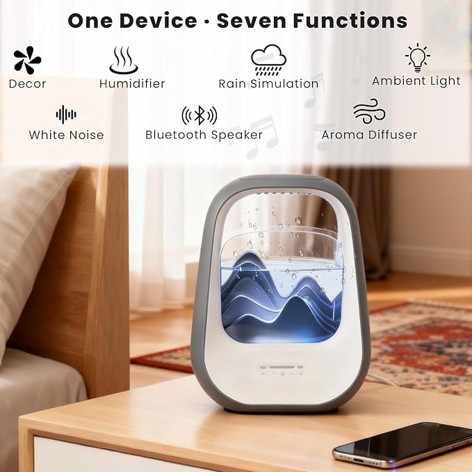 Rain Drop White Noise Machine with Realistic Rain Sounds – Sleep Therapy Humidifier, Bluetooth Speaker, Ambient Light & Aroma Diffuser for Bedroom Relaxation, Meditation & Stress Relief