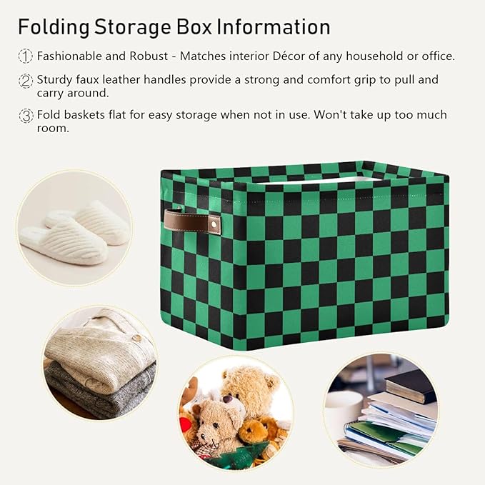 ALAZA Black Green Checkered Foldable Storage Box Storage Basket Organizer Bins with Handles for Shelf Closet Living Room Bedroom Home Office 1 Pack