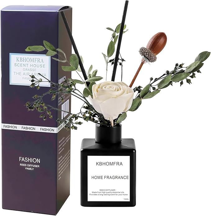 Reed Diffuser Set with Dried Flowers, Jasmine Gardenia Sandalwood Scent, Black Glass Bottle, 5.07fl oz, Aromatherapy Home Fragrance for Bedroom Bathroom (Jasmine Tea)