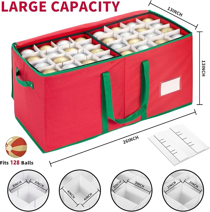 Large Christmas Ornament Storage Box With Adjustable Dividers,Ornament Storage Container with 8 Removable Trays for 128 Holiday Decorations,Red