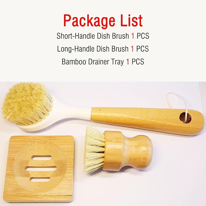 JouiiSiYa Natural Bristle Dish Brush Set, 1 Wooden Dish Brush and 1 Bamboo Dish Brush with 1 Bamboo Drainer Tray, All Circle Kitchen Scrub Brush for Dishes