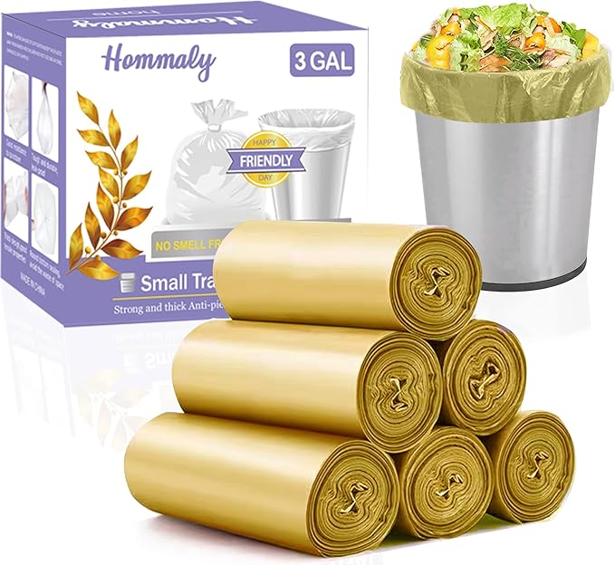 3 Gallon 180pcs Small Gold Trash Bags(Fit 2.6-3.2 Gal) Plastic Strong Gold Garbage Bags, Bathroom Trash Can Bin Liners, Waste Basket Liner, Fit 10-13 Liter, 2.5-2.6 Gallon,3.2Gallon(3-Gold180)