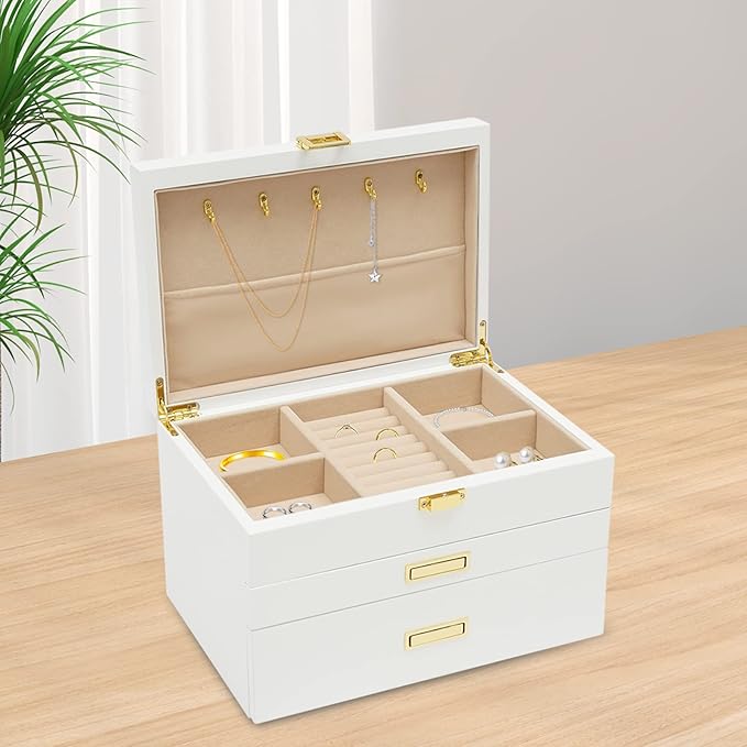3-Layer Jewelry Box Organizer with Hooks, White Jewelry Chest for Women Girls, Jewelry Case Display Jewellery Holder Organizer Storage Box for Necklace Earrings Rings Bracelets