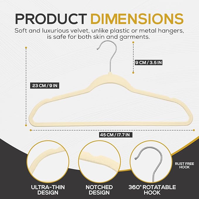 Techzoo 50 Pack New Premium Quality Velvet Hangers Ultra Thin Non Slip Adult Felt Space Saving Hangers for Closet Heavy Duty Coat Pants Jackets Dress Hangers 360° Swivel Hook Hold Upto 10 lbs Ivory
