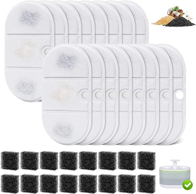 16 Packs Replacement Filters Compatible with Capsule Cat Water Fountain PLWF002, 16 Replacement Carbon Filters & 16 Sponges for 71fl oz/2.1L Ultra Quiet Pet Water Dispenser
