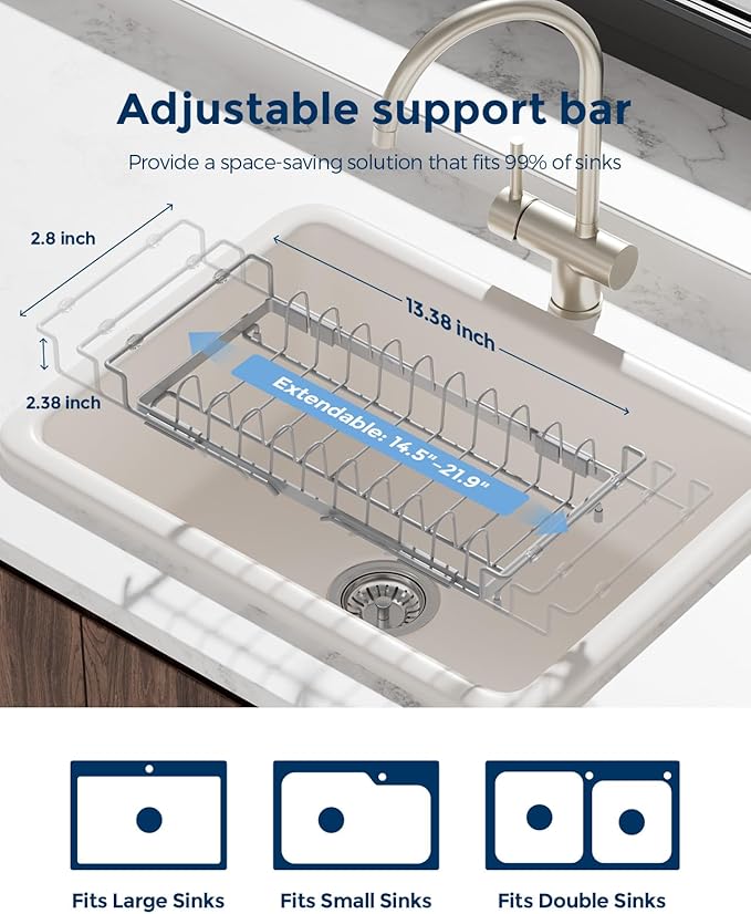 Nacial 2-in-1 Small Dish Drying Rack Fits 14''–21.8'' Sink, Dish Drainers for Kitchen Counter Extend Kitchen Sink Drain Basket with Utensil Holder & Auto-Drain Tray, Stainless Steel Plate Rack, Gris