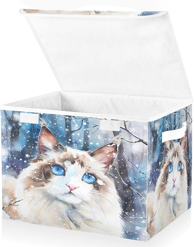 senya Winter Baskets Collapsible Storage Bins with Lids, Ragdoll Cat in The Snow Storage Boxes Clothes Baskets for Organizing