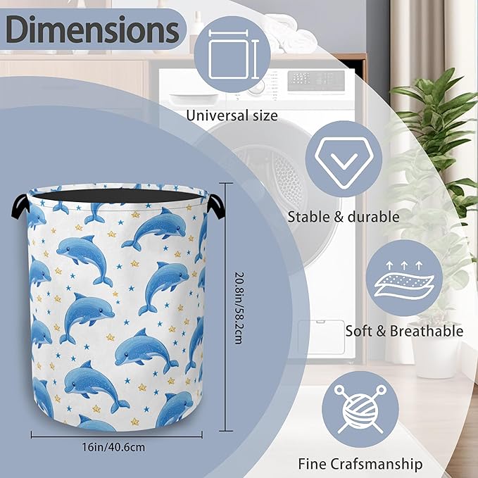 Cute Dolphins Laundry Basket,Stars Foldable Oxford Cloth Tote Bag Laundry Hamper Clothes Storage Bucket Organizer for Bedroom Laundry Storage Dormitories 16" x 20.8"