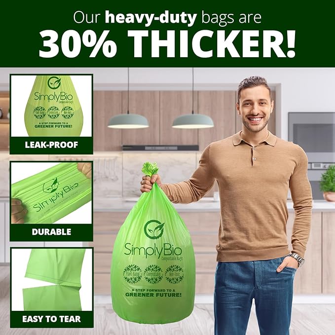 10-13 Gallon Compostable Trash Bags with Flat-Top 50 Bags Thick 0.87 Mil Leakproof Plant-based Tall Kitchen Wet Food Scrap Waste, ASTM D6400, US BPI and OK Compost Home Certified