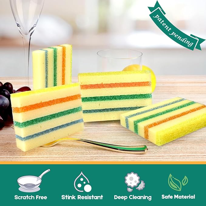LAUNDRYLUX 4 Pack Scrub Sponge - Temperature-Responsive - 50% More Power & Rinses Cleaner Cleaning Sponges, Multipurpose Dish Sponges for Kitchens, Bathrooms, and Outdoor Use - Patent Pending