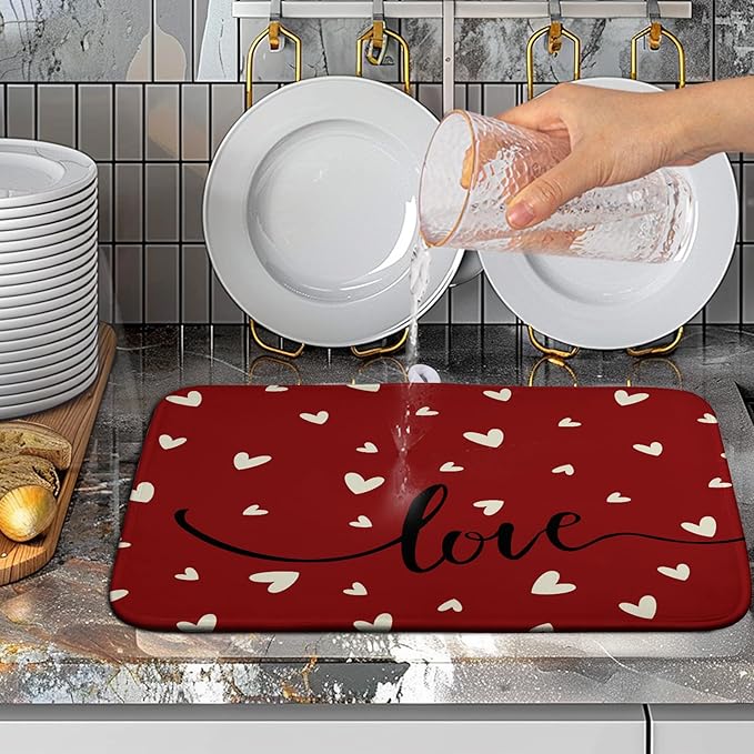 Wnoesat Valentines Day Dish Drying Mat 18x24 Inch Valentine Red Love Heart Drying Mats for Kitchen Counter Super Absorbent Microfiber Medium Dish Drying Pad Heat Resistant Dish Draining Rack Mat