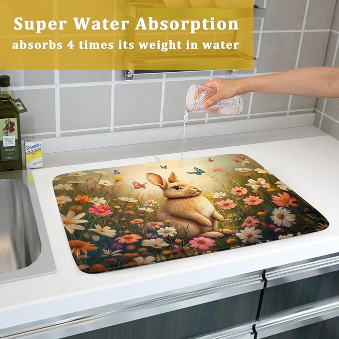 Giwawa Easter Bunny Dish Drying Mat Flower Butterfly Kitchen Drainer Mat 18x24 inch Absorbent Reversible Dish Rack Pad for Counter Tabletop Decor