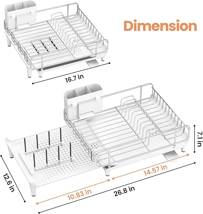 TOOLF Dish Drying Rack - Large Expandable Dish Rack for Kitchen Counter, Stainless Steel Dish Drainer for Kitchen Organization with Cutlery ＆ Cup Holder,White