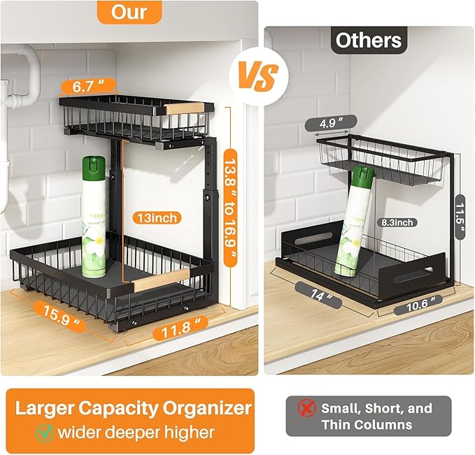 PXRACK Under Sink Organizer, Adjustable Height, 2 Tier Pull Out Under Cabinet Organizer, Slide Out Thickened Metal Under Sink Storage for Kitchen Bathroom Laundry Pantry Cabinet,1-Pack, Black