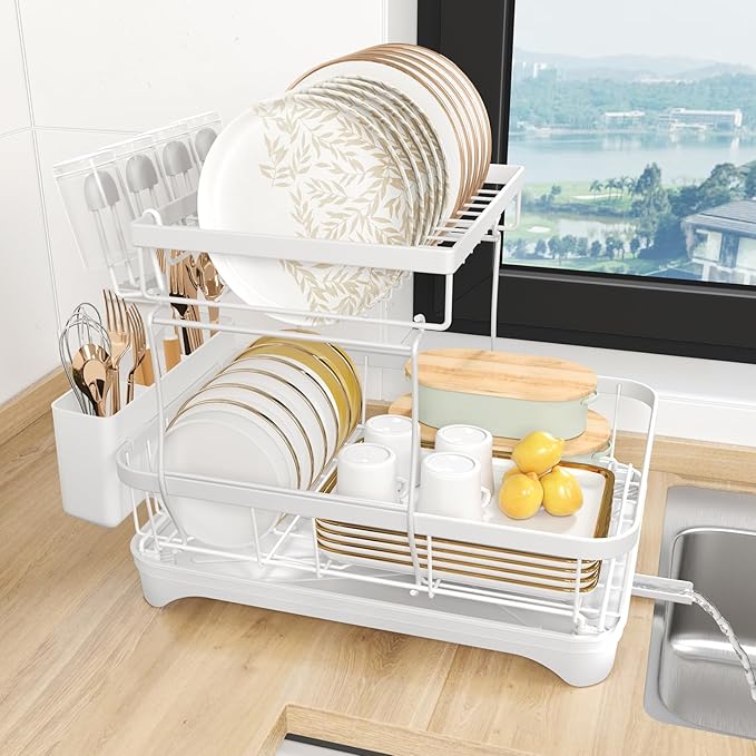 HOMEAILIE Dish Drying Rack, Two-Tier Dish Drying Rack with Utensil Holder and Cutlery Tray – Auto-Draining Large Capacity Dish Drainer with Drainboard for Kitchen Counter, White