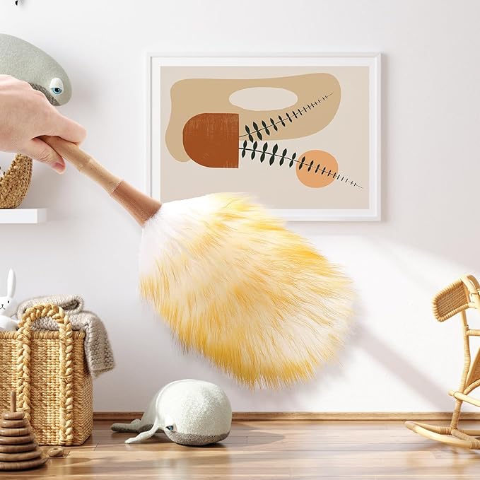 FeelfunFeather Feather Duster, Lambswool Duster for Cleaning,with Solid Wooden Handle,Leather Hang Strap,Anti-Static 14.9 inch Washable Reusable Small Hand Duster(Natural) for Office, Home and Car