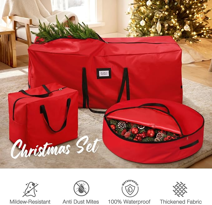 3 Pack Christmas Tree Storage Bag, for 7.5 Ft Artificial Trees up, Durable Waterproof With Reinforced Carrying Handles, Xmas Holiday Garland Bag Storage Case (7.5 Ft, Red)