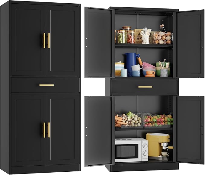 CJF White Kitchen Pantry Cabinet, 71 Inch Tall Metal Storage Cabinet with Adjustable Shelves and 1 Drawer, Freestanding Pantry Cabinet for Kitchen, Living Room, Dining Room, Bathroom, Easy to Assemble