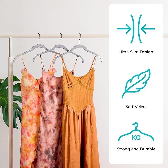 Sishynio Premium Velvet Shirt Hangers 50 Pack, Space-Saving Non-Slip Felt Hanger with 360° Swivel Hook, Slim Flocked Hangers for Strappy Dresses, Blouses, Tank Tops(Grey)