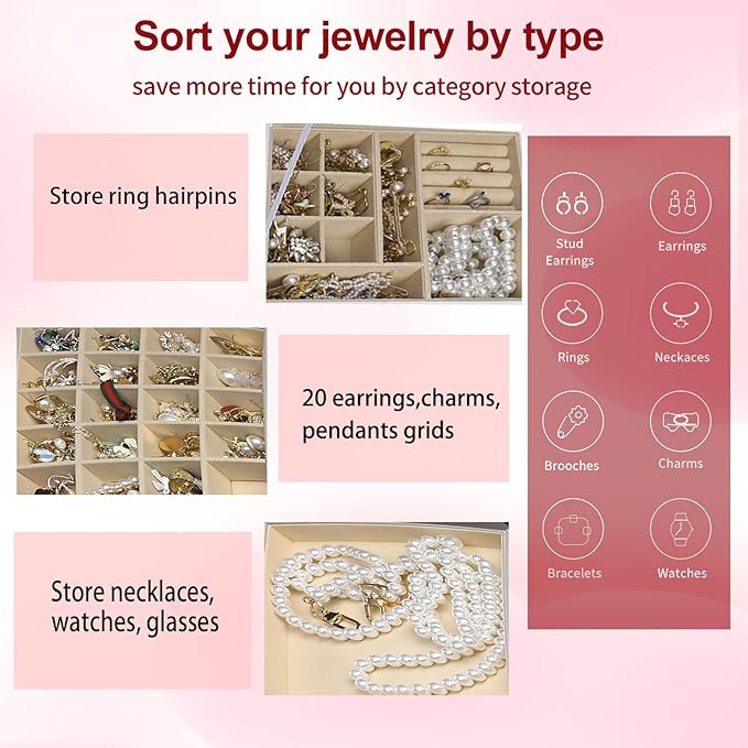 BOOVO Clear Lid Jewelry Box,3 Layers Jewelry Organizer Large Multi-Functional Jewelry Storage Box with 2 Drawers,Jewelry Display Case of Rings Earrings Necklace Bracelets for Women Girls (Grey)