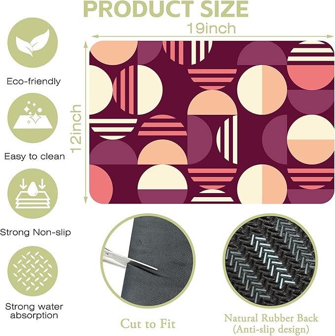 Kitchen Mat Circles in Pink Purple Dish Drying Mat 12"x19" Bsorbent Coffee Maker Mat for Sink Dishes or Under Rack Kitchen Counter Accessories Absorbent Hide Stain Rubber Backed Dish Drying Pad