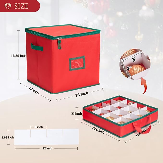 Christmas Ornament Storage Box Containers Holiday Decoration Organizer, Christmas Ball Accessories Holder with Adjustable Dividers, 4 Removable Trays, Zippered Closure, 600D Oxford 13x13x13.39