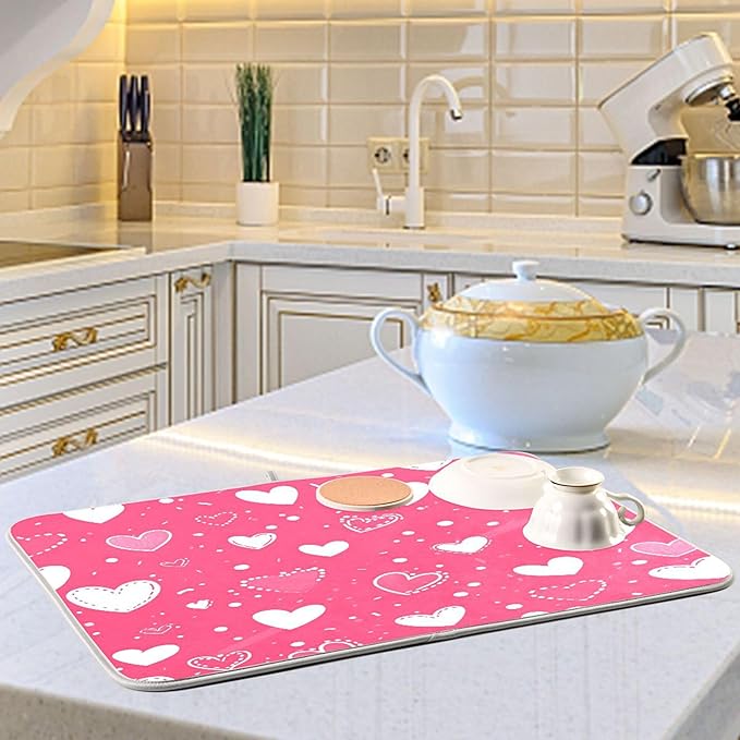 Hot Pink Love Dish Drying Mat for Kitchen Countertop 16x18 Happy Valentine’s Day Heart Small Drying Mat Reusable Quick Dry Dish Sink Mats Easy Clean Decorative Essentials