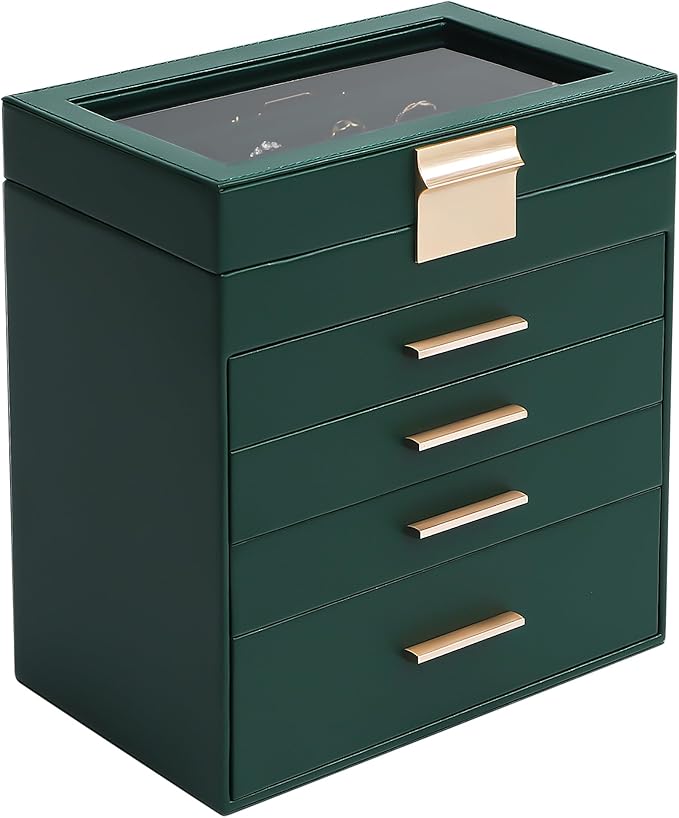 Jewelry Box, 5 Layers Jewelry Storage Display Box with Glass Lid for Women, 4 Drawers,Large Capacity for Necklace Earrings Bracelets Rings, Green