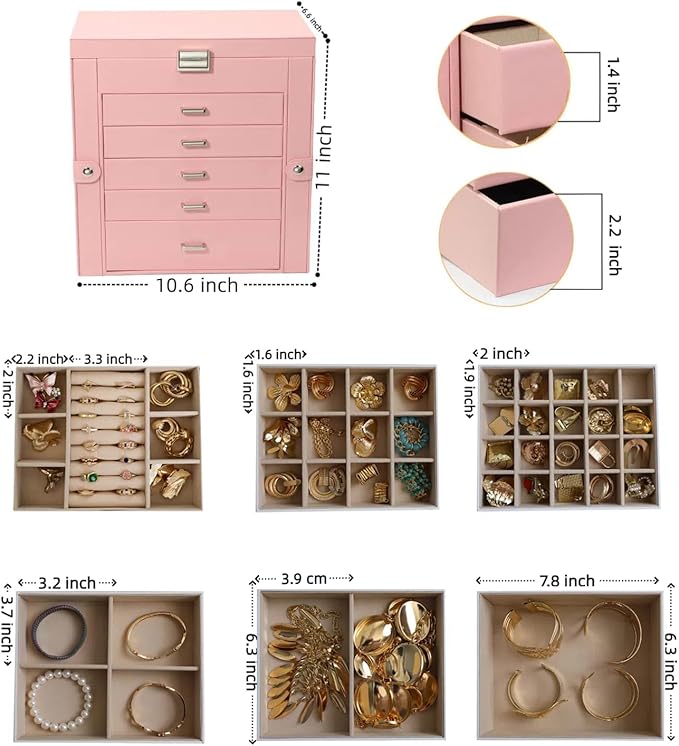 BOOVO Jewelry Box For women, 6 Layer Large Jewelry Organizer With Mirror, Multi-Function Storage Box With Lock, Necklace Holder With 5 Drawers, For Earrings Necklace Bracelet (Silver and Pink)