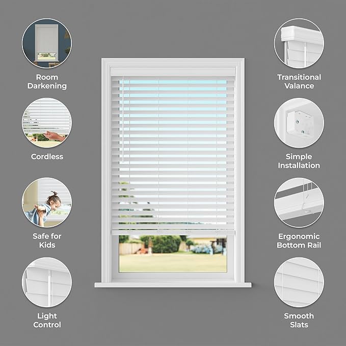 2.5 Inch Cordless Faux Wood Blind, 70.75" W x 72" L - White Plantation Style Venetian Blinds, Over 400 Custom Sizes Starting at 29.97, Room Darkening Shades for Interior Windows by Lumino