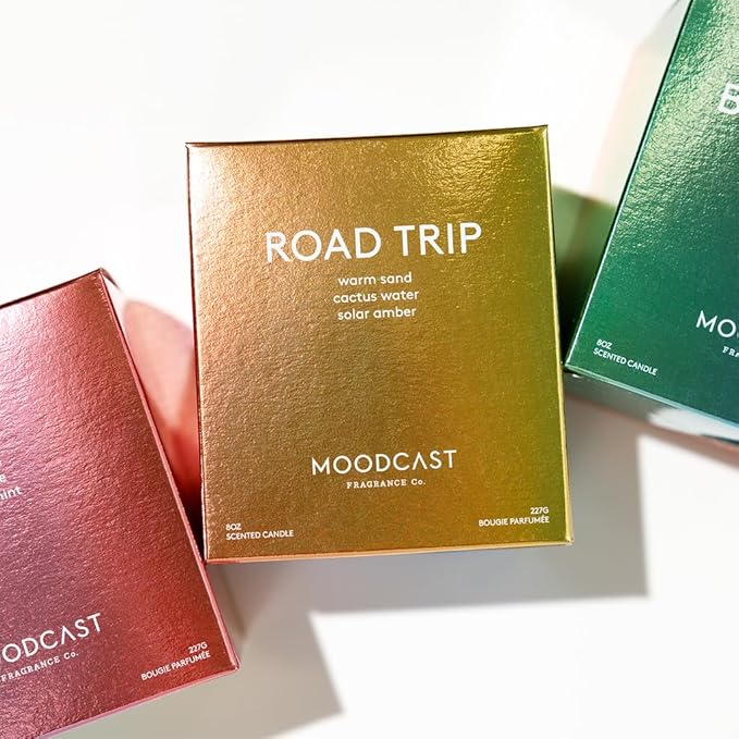 Moodcast Road Trip Scented Candle - Aesthetic Candle for Home, Cactus Water, Amber & Warm Sand, Clean Coco Wax Blend, Vegan, Paraben Free, 45-Hour Long Lasting Burn - 8oz