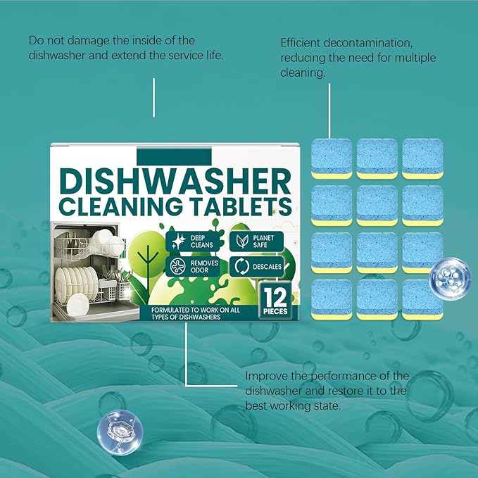Dishwasher Cleaning Tablets, Deep Clean & Odor Removal, Works on All Types of Dishwashers, 12 Tablets