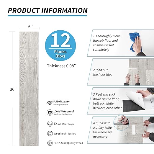 Art3d Peel and Stick Floor Tile Vinyl Wood Plank 12-Pack 18 Sq.Ft, Grey Ash, Rigid Surface Hard Core Easy DIY Self-Adhesive Flooring