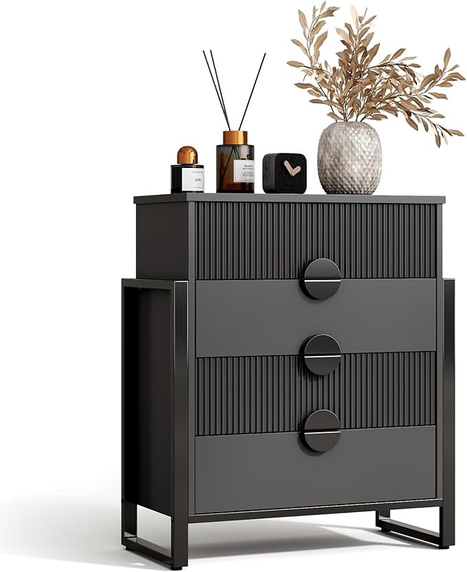 Fluted Dresser for Bedroom with 4 Drawers, 36.2" Tall Chest of Drawers with Raised H Legs and Curved Profile Design, Wood Closet Clothes Storage Organizer for Bedroom, Hallway, Black