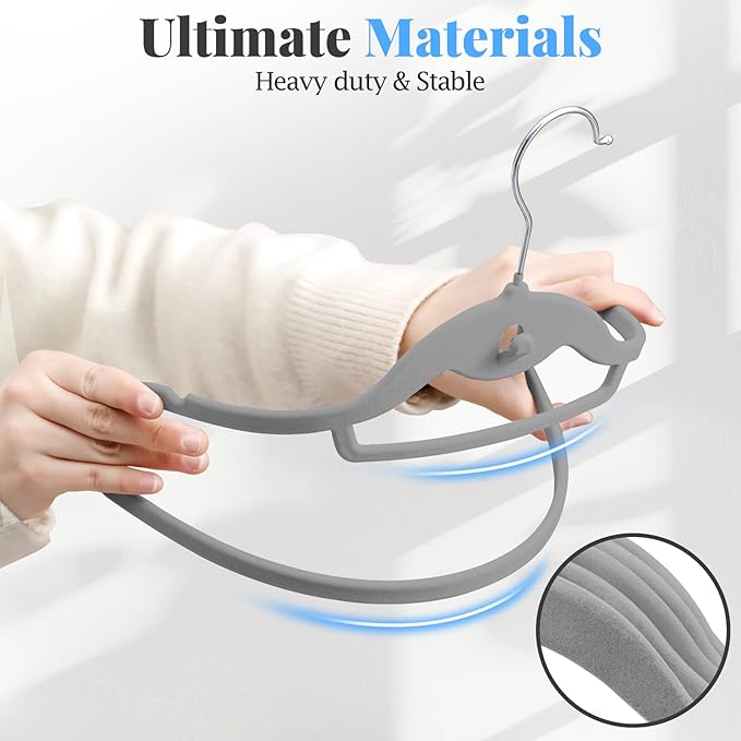 UEAKPIC Velvet Felt Stackable Hangers 50 Pack, Non Slip, with 360° Swivel Hook, Ultra Thin and Space Saving for Suits, Shirts, Coats, 15Lbs Capacity Heavy Duty, Gray