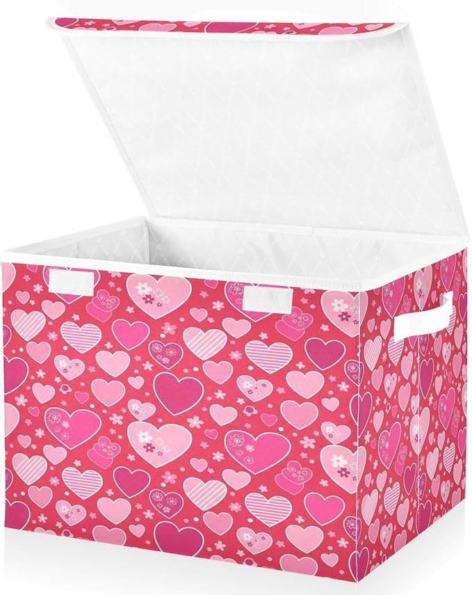 Bolaz Valentines Red Heart Flower Florals Storage Bins with Lids and Handles, Foldable Storage Box Storage Basket with Cover Collapsible Organizer Containers for Home Closet, Shelves