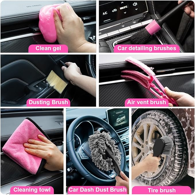Viewsun Car Vacuum Cordless Rechargeable, 8000PA High Power Handheld Vacuum Cleaner with 17PCS Car Cleaning Kit, Pink Auto Accessories for Women Gift