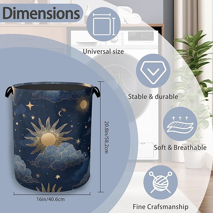 Sun Moon Stars Laundry Basket,Oxford Cloth Laundry Hamper with Handle Foldable Portable Clothes Storage Basket for Bathroom Bedroom Dorm Room 16" x 20.8"