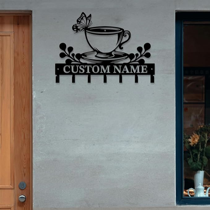 Personalized Custom Name Coffee Bar Wall Keys Hooks,Metal Coffee Shop Art Clothes Hooks,Metal Coffee Lover Wall Home Storage Decorative,For Front Door, Hallway, Kitchen, Bedroom,Keys,Hats (Style B)