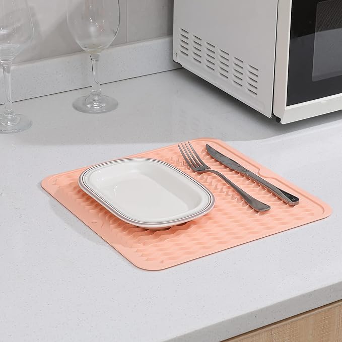 MicoYang Silicone Dish Drying Mat for Multiple Usage,Easy clean,Eco-friendly,Heat-resistant Silicone Mat for Kitchen Counter or Sink,Refrigerator or Drawer liner Pink M 12 inches x 12 inches