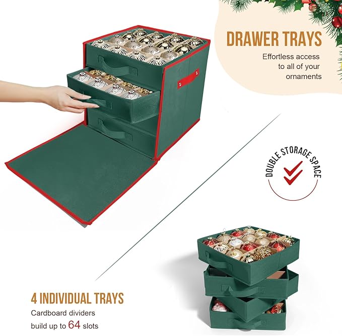 WDZREE Premium Large Christmas Ornament Storage,Box with Side Open, Drawer Style Trays - 3" Compartment, 4 Trays, Keeps 64 Holiday Ornaments -Made of Durable 600D Oxford Fabric Tear-Proof Material