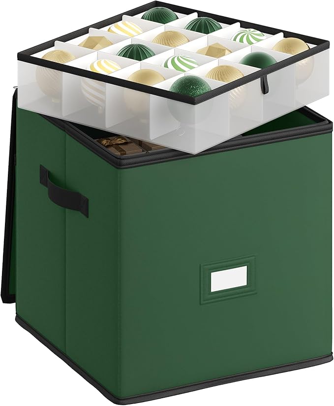 SONGMICS Christmas Ornament Storage Box, Dual Zippers, Stackable Christmas Storage Container with Lid, 4 Trays, 600D Oxford, 3-Inch 64 Slots, Forest Green URFB034C01
