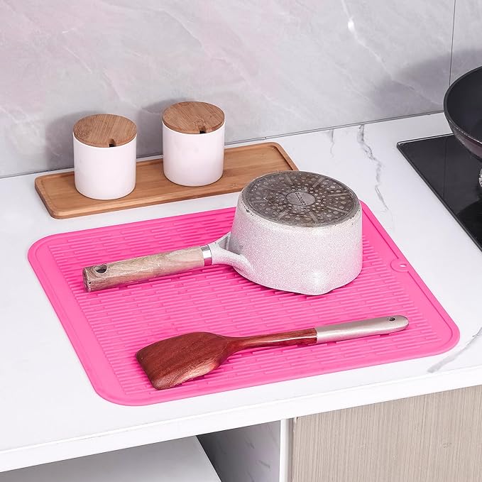 MicoYang Silicone Dish Drying Mat for Multiple Usage,Easy clean,Eco-friendly,Heat-resistant Silicone Mat for Kitchen Counter or Sink,Refrigerator or Drawer Liner Rose XL 18 inches x 16 inches