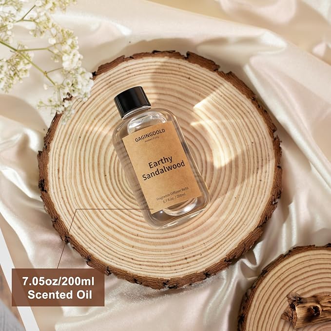 Earthy Sandalwood Scented Reed Diffuser Oil Refill with 10 Sticks, 120 Days Long Lasting for Home, Elegant Fragrance for Bathroom Bedroom Office Decor Air Fresh, 6.7 fl oz / 200 ml